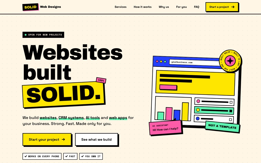 Bold Brutalist concept of the Solid Web Designs homepage