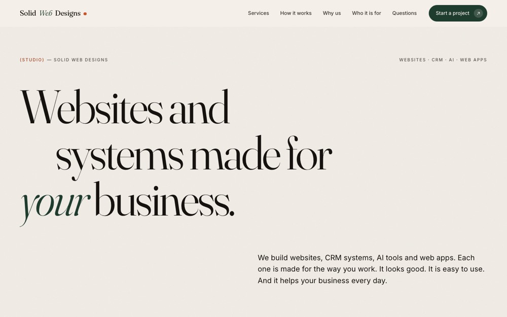 Editorial concept of the Solid Web Designs homepage