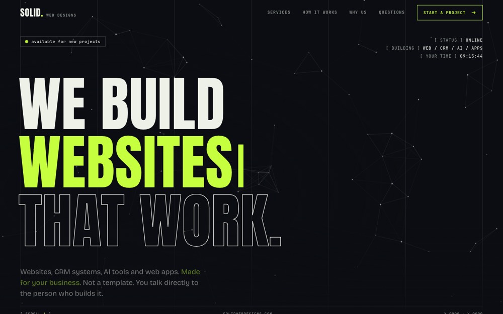 Kinetic Tech concept of the Solid Web Designs homepage