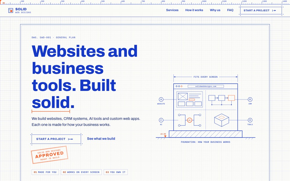 Blueprint concept of the Solid Web Designs homepage