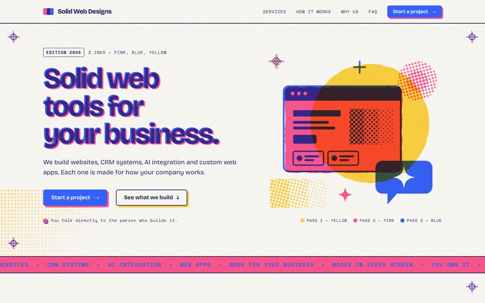 Riso Print concept of the Solid Web Designs homepage